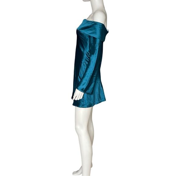 Lulus Luxurious Vision Teal Satin Off-the-Shoulder Mini Dress Women’s Sz S - Picture 3 of 10